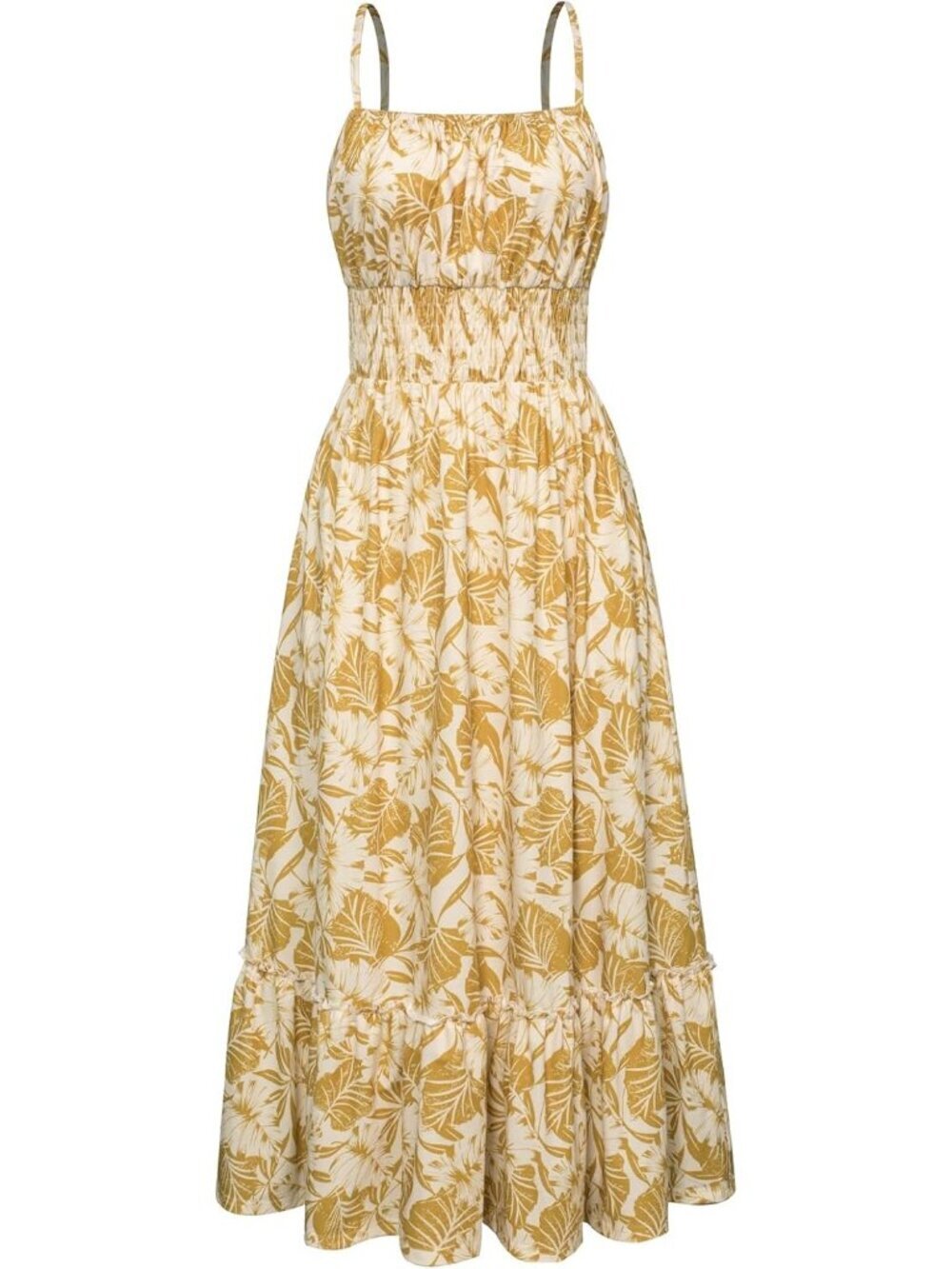 Women's Smocked Floral Maxi Dress Yellow Leave Sundress with Pocket Summer Dress